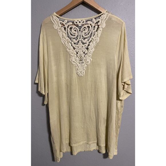 Catherines Womens Top 2X Yellow Abstract Rayon Rhinestone Semi Sheer FLAW READ - Picture 2 of 10